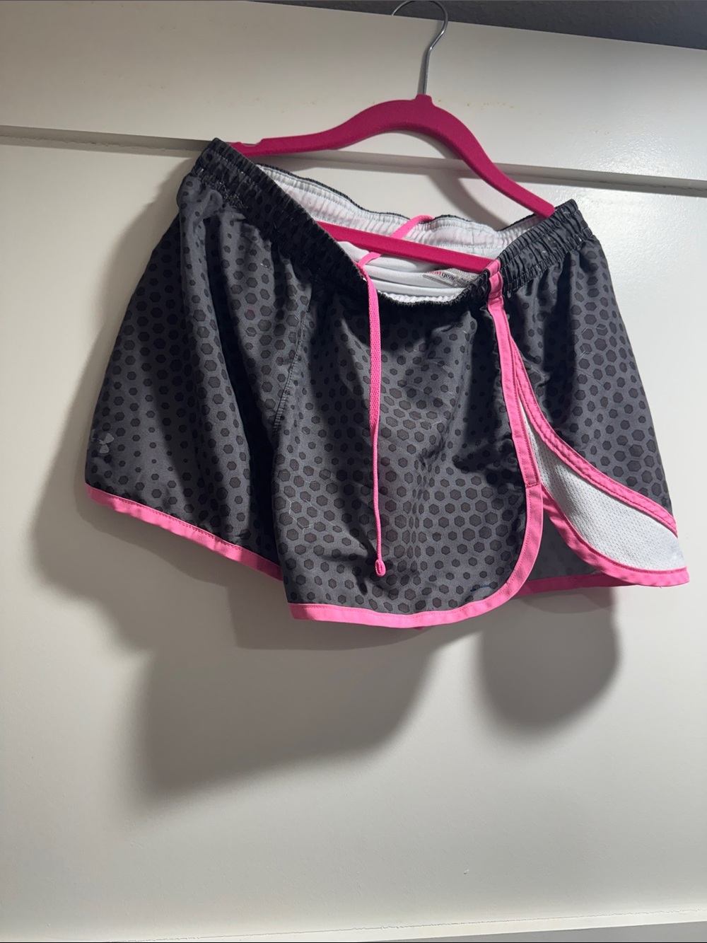 Under Armour Gray Dot-Print Athletic Shorts with Pink Trim